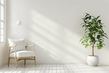 A white room with a chair and a potted plant. The room is empty and has a minimalist feel. colorsplash in clean white livingroom illustration