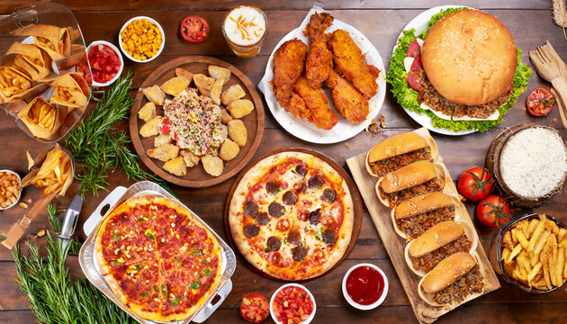 take out foods featuring Pizza, hamburgers, and fried chicken on a wooden table