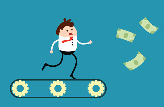 Business Man Running after Dollars in Rat Race. Money and finances concept flat vector