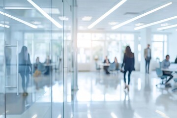 Blurred Business People in Modern White Glass Office, Abstract Background Photo