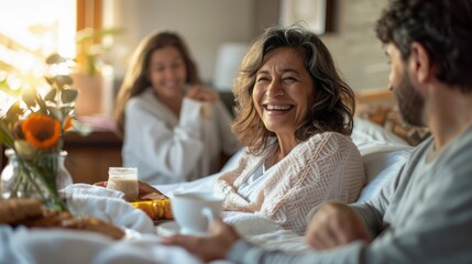 Family Enjoying a Cozy Breakfast in Bed with Laughter