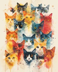 Playful cats knolling sheet, cute and bright in watercolor, vibrant and cheerful, artistic charm