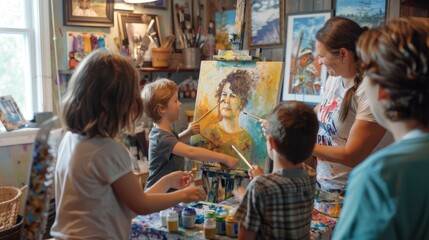 Creative Children Painting Portrait in Art Studio Class