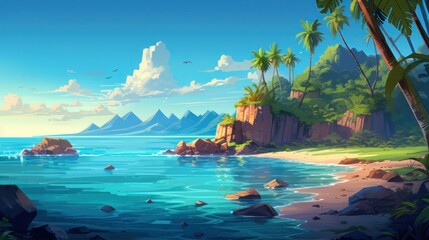 Illustration design of a beach scene, with a background of rock cliffs, palm trees, forests and mountains.