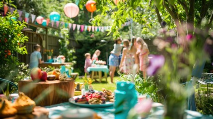 Sunny Garden Party with Colorful Lanterns and Picnic Tables