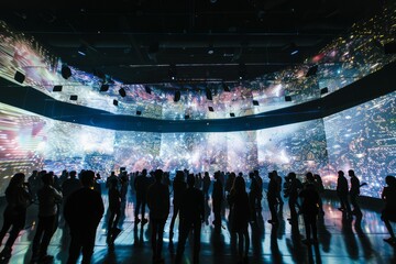 A digital concert venue where virtual musicians perform in front of digital crowds, with immersive visuals, synchronized light shows, and interactive experiences, Generative AI