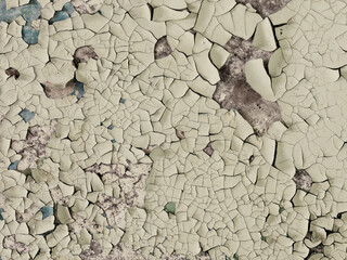 Peeling paint on the wall. Old concrete wall with cracked flaking paint. Weathered rough painted surface with patterns of cracks and peeling. Grunge texture for background and design.