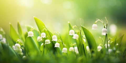 Lilies of the valley. Convallaria. White spring flowers in a glade in forest. Beautiful floral...