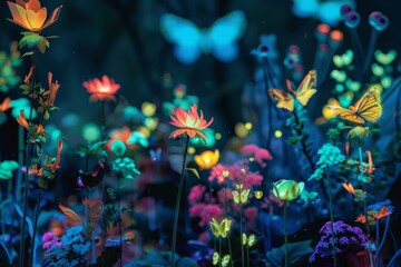 Fototapeta na wymiar A digital garden of glowing flora and fauna, where pixels bloom like flowers and algorithms dance like butterflies, creating a mesmerizing and otherworldly scene, Generative AI