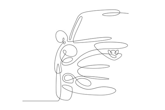 One continuous line.Passenger car. Part of the body of a modern car. Details of the design of private transport. One continuous line is drawn on a white background.