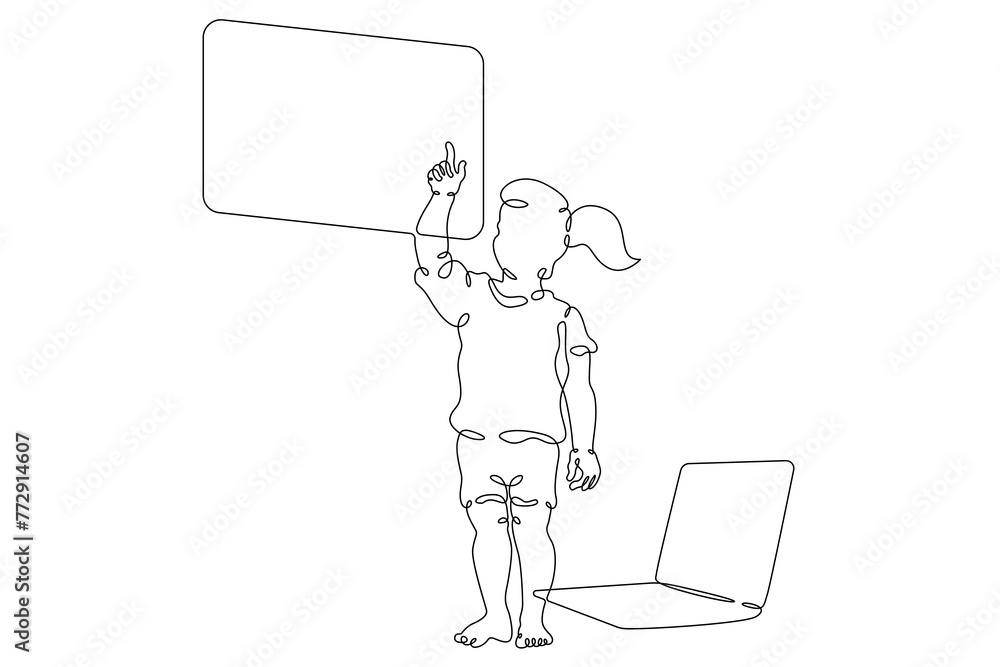 Poster one continuous line.the kid is sitting at the laptop. a small child is crawling. child at the comput