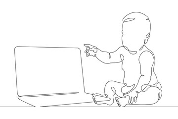 One continuous line.The kid is sitting at the laptop. A small child is crawling. Child at the computer. Baby with a laptop. One continuous line drawn isolated, white background.