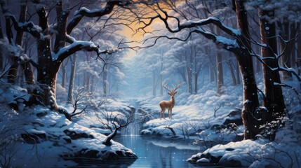 Illustration design of a snowy wilderness and a small river, with large trees and wild animals in the background.