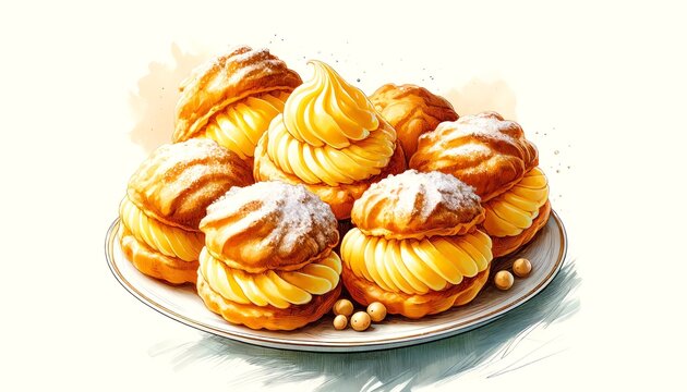 Vivid Watercolor Illustration of French Cream Puffs