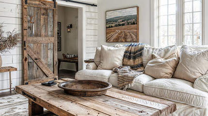Living room interior design in a farmhouse style