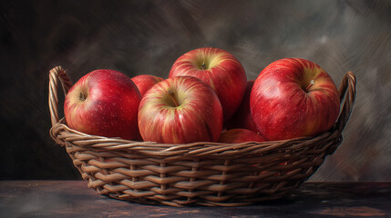 Zbliżenie na koszyk zapełniony czerwonymi jabłuszkami - obrazy, fototapety, plakaty