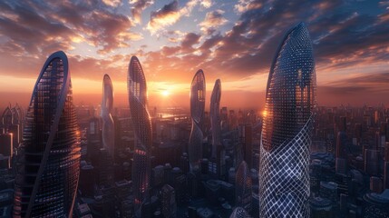 Futuristic City Skyline at Sunset with Innovative Towers