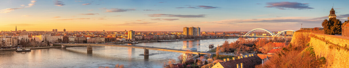 captivating panorama of Novi Sad, Serbia, where the majestic Danube River flows beneath a...