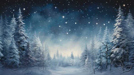 Illustration of a view of snowy mountains, with trees and a background of clusters of stars, at night.	
