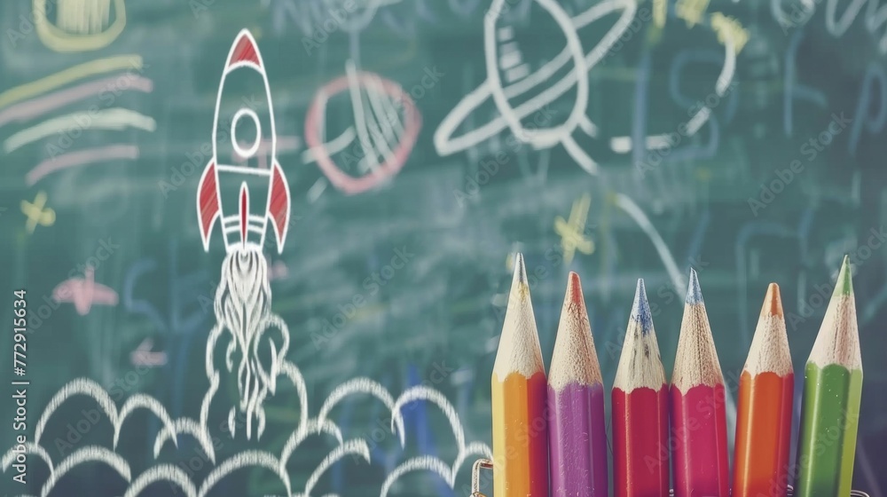 Poster a set of multicolored pencils, neatly arranged in a row on a table in front of a chalk board, with d