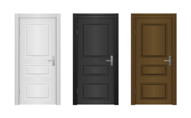 Open and closed front door of the house isolated on white background. Open and closed entrance realistic door. Classic room concept. Wooden outdoor entrance with shining light