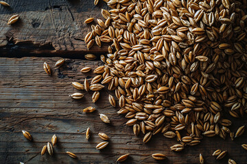 Top view of a handful of barley on wooden boards. Generated by artificial intelligence - obrazy, fototapety, plakaty