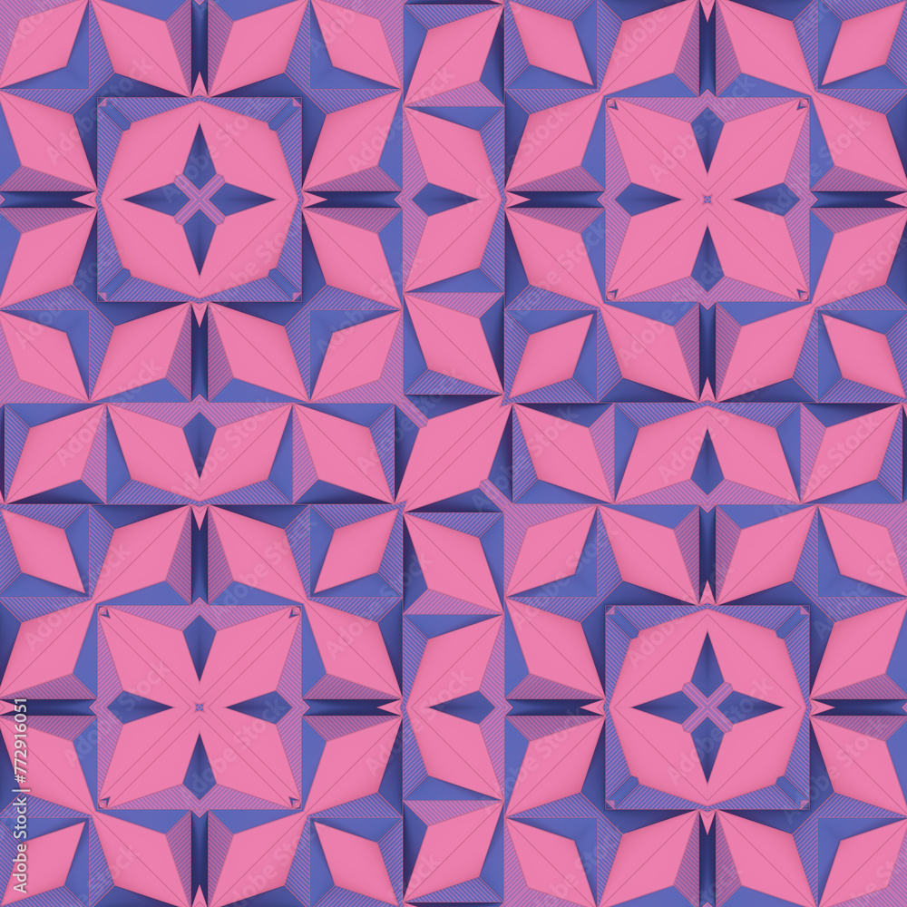 Poster Mesmerizing kaleidoscope of pink and purple geometric shapes. 3d rendering digital illustration