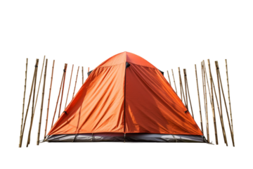 Orange Tent With Sticks Protruding. On a White or Clear Surface PNG Transparent Background..