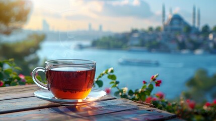 Obraz premium The tea is in the style of a traditional Turkish black tea against the backdrop of Istanbul.