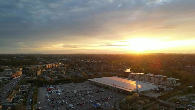 Aerial View of Central Cambridge Historical City of England United Kingdom During golden Sunset. March 21st, 2024