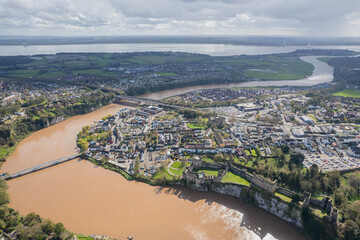 Amazing aerial panorama view of the Chepstow, River Wye, Monmouthshire, Wales, England