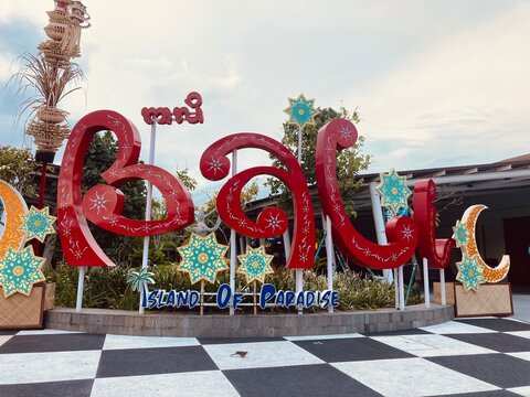 Bali, Indonesia - March 28, 2024: Welcome sign at Bali International Airport, Bali Island of Paradise