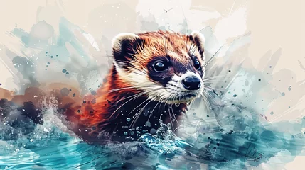Fotobehang endangered specie concept , ferret in watercolor style risk of extinction, wildlife, 17 may , endangered specie day  © Mahnoor