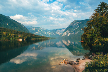 Lake Bohinj surrounded with Julian Alps mountains in Triglav national park in Slovenia