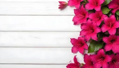 Plexiglas foto achterwand pink azaleas flower, floral background, on a white wooden background with copy space  © PREM