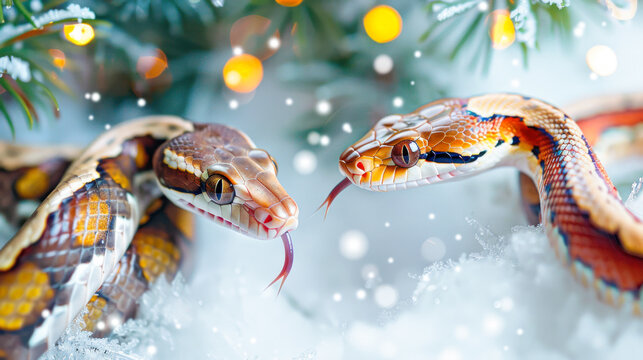Two cute cartoon snakes with expressive eyes on snow, Christmas tree background with bokeh lights. Symbol of the 2025 New year funny snake illustration for calendar, greeting card design, poster