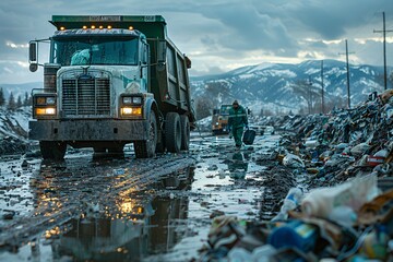 Winter's Waste A Dump Truck's Duty in the Snow Generative AI - obrazy, fototapety, plakaty