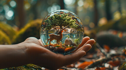 glass globe with a stag inside it, Earth Day or World Wildlife Day concept. Save our planet, protect green nature and endangered species, biological diversity theme