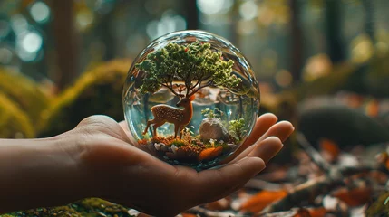 Foto op Plexiglas glass globe with a stag inside it, Earth Day or World Wildlife Day concept. Save our planet, protect green nature and endangered species, biological diversity theme © Mahnoor