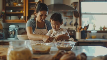 Mother and Child Baking Together in a Homely Kitchen - obrazy, fototapety, plakaty