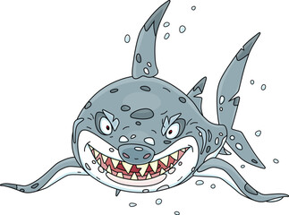 Ghastly great white shark with devious grin and giant sharp teeth in open jaws attacking from sea depths, vector cartoon illustration on a white background - obrazy, fototapety, plakaty