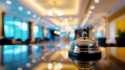 Service bell awaits guests at a luxurious hotel reception. The gleaming bell sits on a polished counter, with the opulent lobby exuding warmth and welcome in the soft focus background
