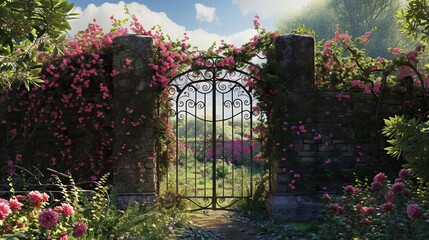 Gate to the labyrinth. Exit, passage, pattern, flowers, map, game, confusion, path, entrance, puzzle, bushes, getting lost, fear, walls, fence, creaking, estate, forging. Generated by AI