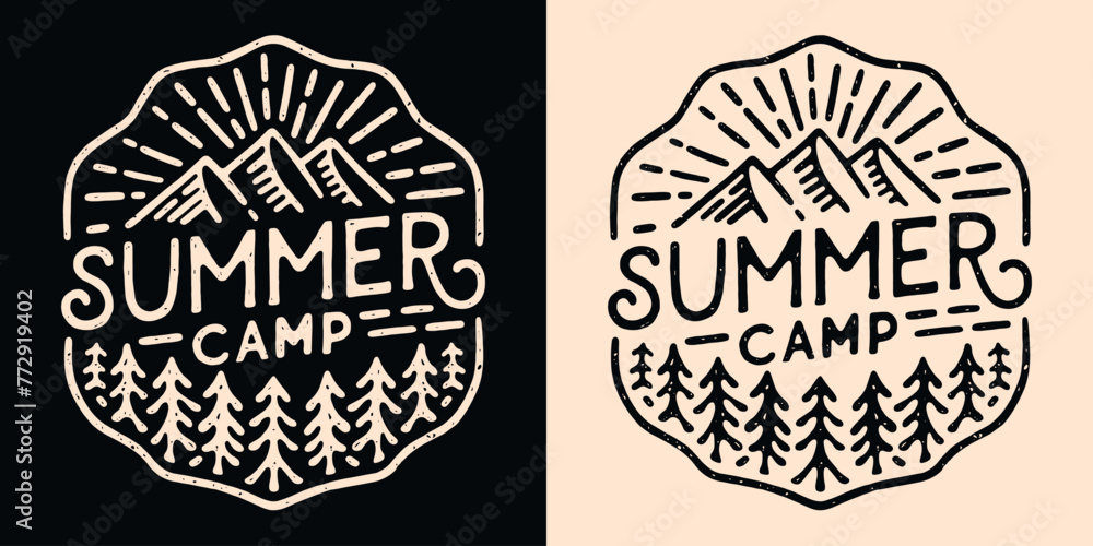 Wall mural summer camp lettering camper badge camping emblem. mountain forest retro vintage aesthetic illustrat