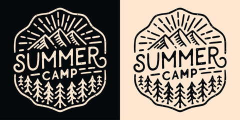 Summer camp lettering camper badge camping emblem. Mountain forest retro vintage aesthetic illustration. Outdoorsy quotes for matching friends school trip scout teacher logo shirt design print vector.