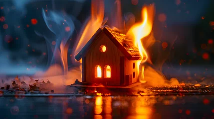 Fotobehang a toy wooden house on fire. The concept of security © john