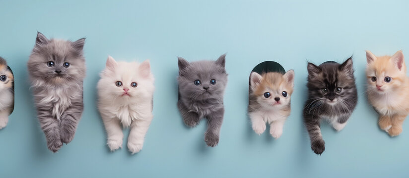 Seven fluffy kittens of various colors are lined up against a blue background, looking curiously at the viewer