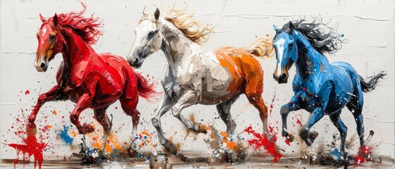 This is a modern painting, abstract, with metal elements, texture background, animals, horses, etc.