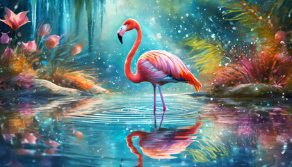 flamingo with a myriad of colors in a magical crystal clear water source that reflects