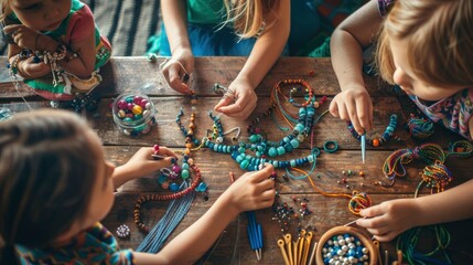 Group of Children Focused on Bead Crafting in Art Class
